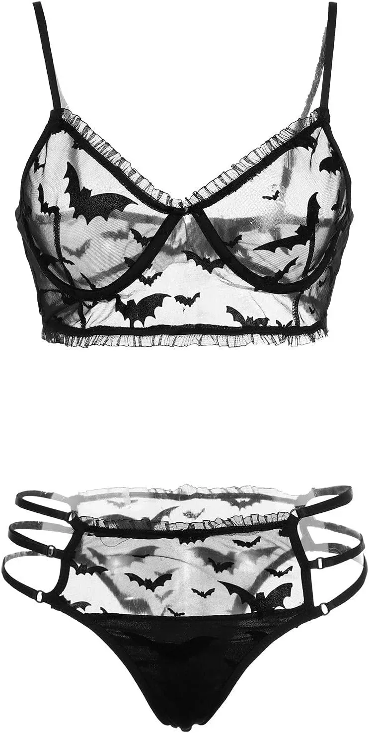 Oplxuo Halloween Lingerie Set for Women Mesh Sheer Bat Bralette and Panty Outfits Sexy Babydoll Underwear Halloween Costumes