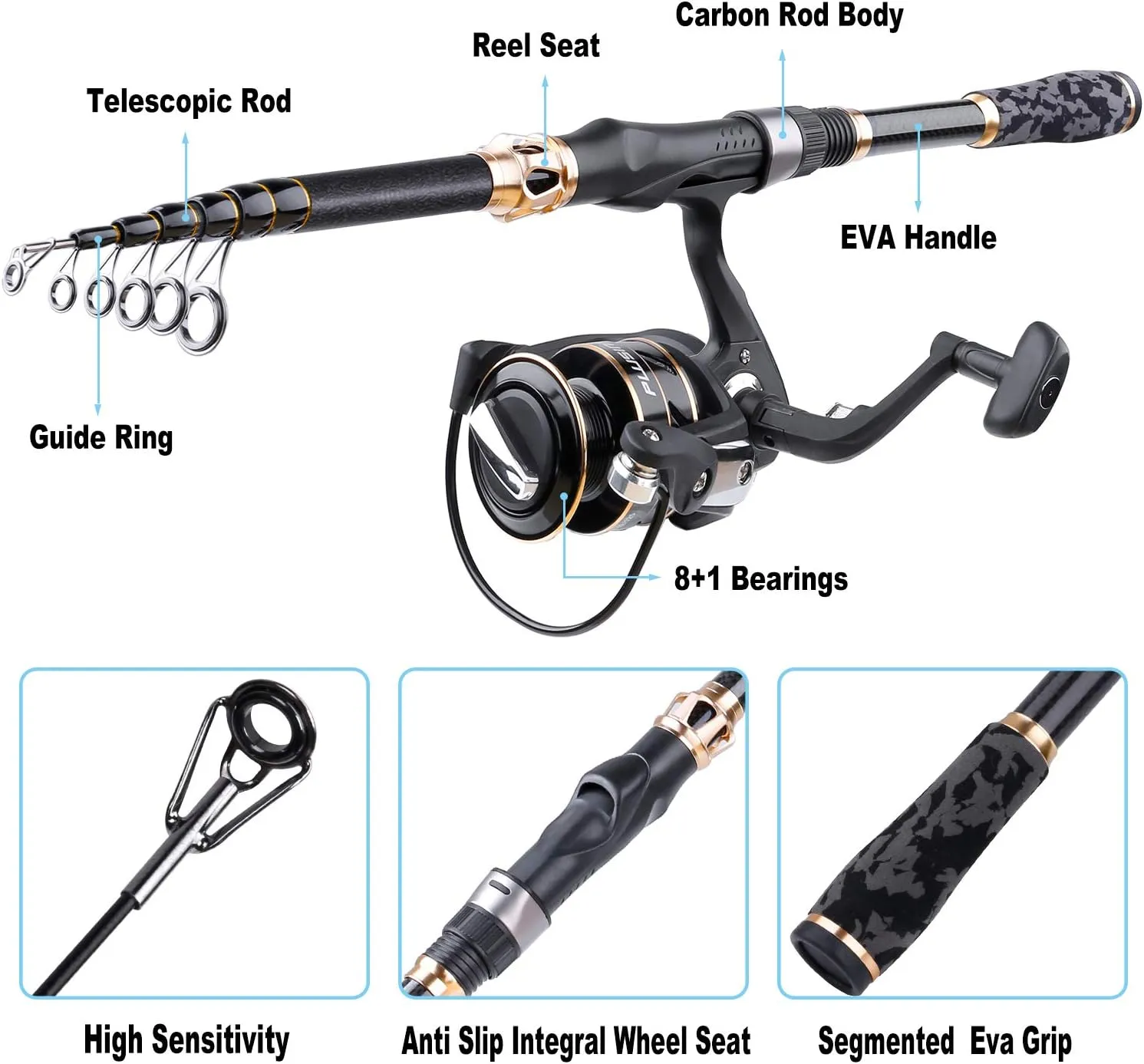 PLUSINNO Fishing Rod and Reel Combo,Fishing Pole,Telescopic Fishing Rod Kit with Spinning Reel, Telescopic Fishing Pole with Carrier Bag for Freshwater Saltwater for Men Women