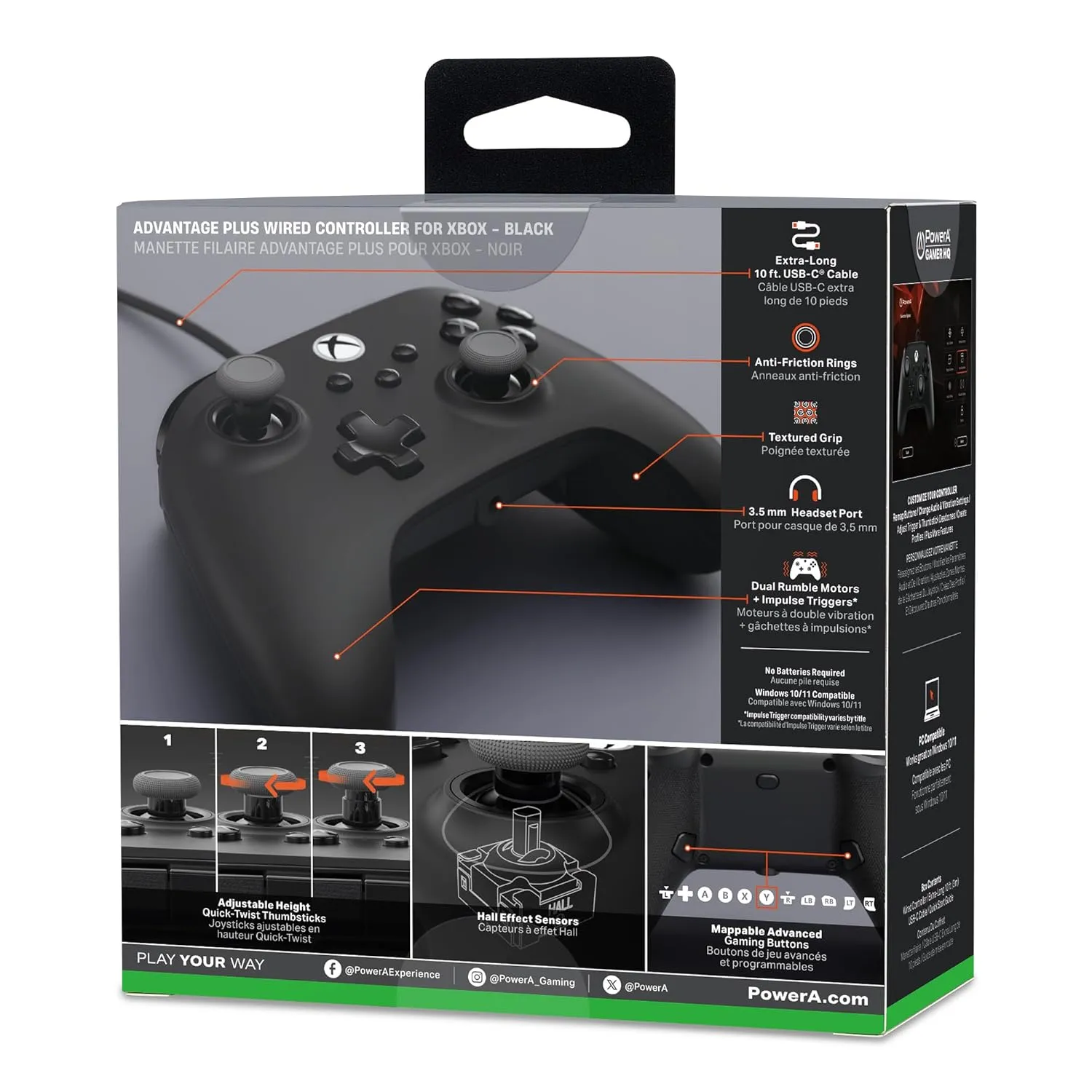 PowerA Advantage Plus Wired Controller for Xbox Series X|S - Black, officially licensed, adjustable height thumbsticks, hall effect, mappable buttons, works with Xbox One and Windows 10/11 PC