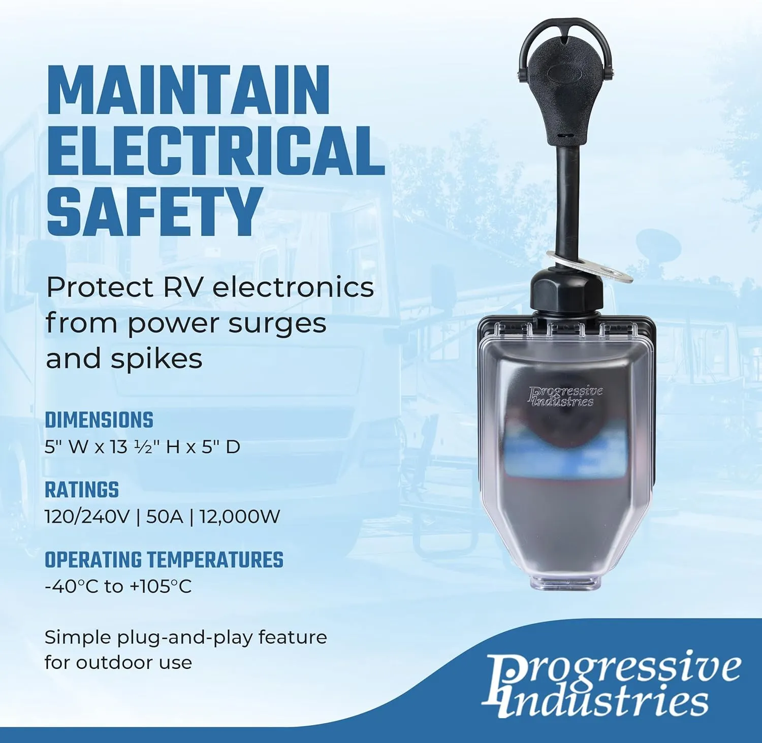 Progressive Industries Portable RV Surge Protector, 50 Amp with All Weather Shield Assembly and Fault Detection - SSP-50XL
